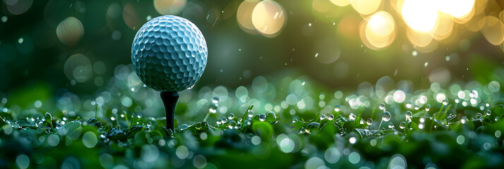 Close-Up Golf Ball on Tee with Blur Green Bokeh,
Golf ball on tee in a beautiful golf course with morning sunshine
 - obrazy, fototapety, plakaty