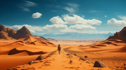 Poster Traveling through a desert with mountainous natural landscape and cloudy sky © dong