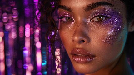 Euphoria inspired fashion and beauty editorial photo shoot featuring a model Caucasian and Hispanic model with purple eyeshadow in front of black and purple sequin background makeup dancing queen 