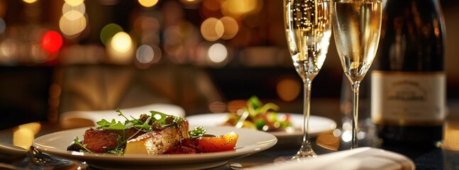 A Fine dining experience with elegant appetizers and glasses of champagne in a luxurious restaurant...