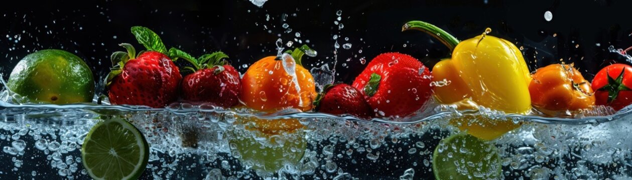A Dynamic image of fresh vegetables and fruits making a splash in water