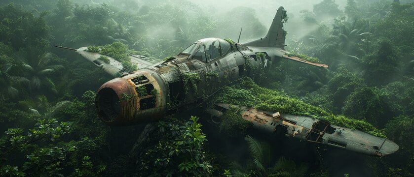 A fighter jet's wreckage entwined with vines, the jungle slowly claiming a relic of aerial combat