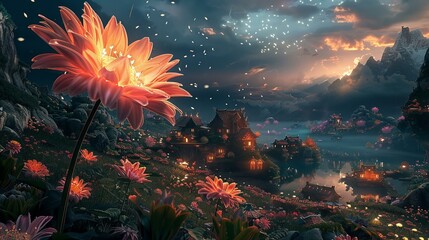 A fantasy landscape where giant flowers tower over a hidden, enchanted village - obrazy, fototapety, plakaty