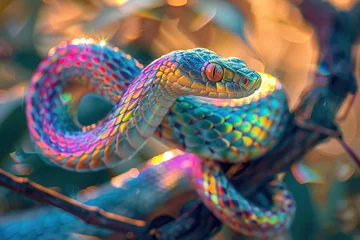 Foto op Plexiglas A vibrant iridescent snake coils on a branch © Creative_Bringer