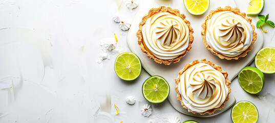 Delicious key lime pie and lemon meringue tart on pristine white surface - obrazy, fototapety, plakaty
