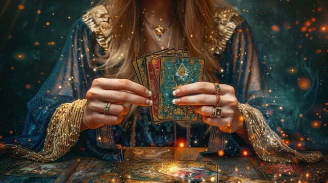 Female enchantress spreading tarot cards at table