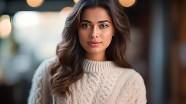 Pretty Indian young woman wears sweater, beautiful Indian girl with international fashion concept