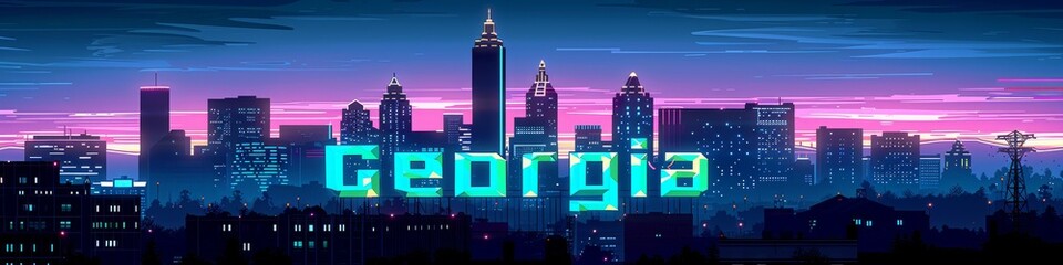Georgia Text in Neon over Atlanta City Skyline at Dusk with Purple Skies - obrazy, fototapety, plakaty