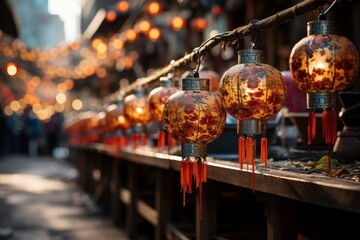 A row of lanterns hanging from a rope at a city market event