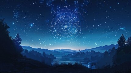 Zodiac signs inside of horoscope circle. Astrology in the sky with many stars and moons astrology and horoscopes concept - obrazy, fototapety, plakaty