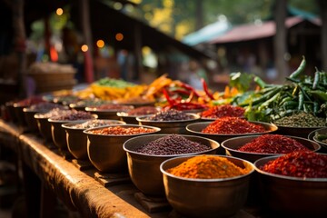 A row of bowls with assorted spices, natural foods, and ingredients on a table - obrazy, fototapety, plakaty