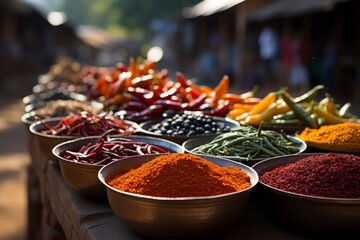 Table showcasing a variety of spicy ingredients in bowls