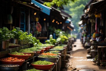 Bowls of vegetables displayed on a market sidewalk, showcasing natural foods