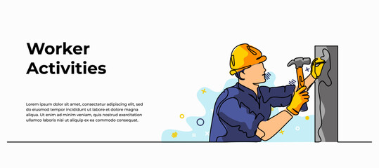 Vector illustration of a construction worker is nailing. Modern flat in continuous line style.