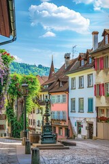 Fototapeta premium Explore the charm of a quaint European town square, surrounded by centuries-old buildings with colorful facades and cobblestone streets, Generative AI