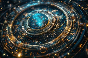 Fototapeta premium Zodiac signs inside of horoscope circle. Astrology in the sky with many stars and moons astrology and horoscopes concept