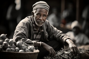 Elderly man with wrinkles sits by basket of natural foods