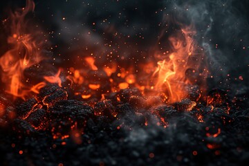 Fototapeta na wymiar Background with fire sparks, embers and smoke. Overlay effect of burn coal, grill, hell or bonfire with flame glow, flying red sparkles and fog on black background, vector realistic poster