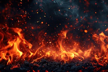 Fototapeta na wymiar Background with fire sparks, embers and smoke. Overlay effect of burn coal, grill, hell or bonfire with flame glow, flying red sparkles and fog on black background, vector realistic border