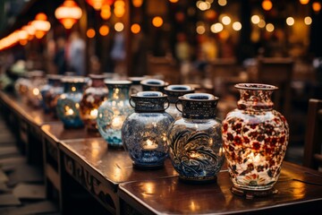 A line of glass vases on a wooden table at an event in the city