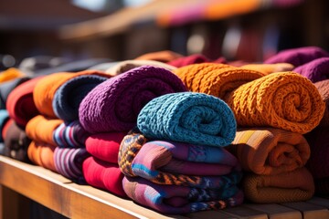 Stack of vibrant woolen textiles in magenta and electric blue on wooden table