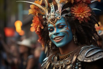 Woman smiling with blue face paint, crown on head, at art event