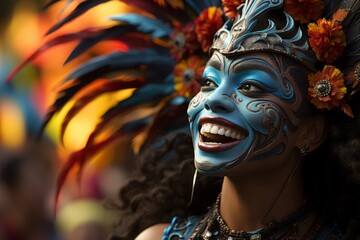 Woman smiling with blue face paint and feathers at art event