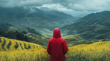 The back of a young man wearing a red hood Walking on terraced rice fields With a magnificent view of Sao Yokarn Mountain