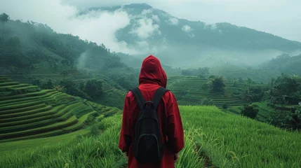 Papier Peint photo autocollant Rizières The back of a young man wearing a red hood Walking on terraced rice fields With a magnificent view of Sao Yokarn Mountain