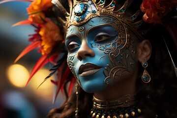 Woman in blue face paint with crown, a character at a public arts event