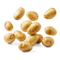Fresh organic potatoes falling in air, healthy and organic food, AI generated, PNG transparent with shadow