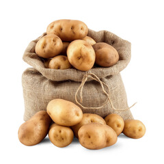 Fresh organic potatoes in bag sacks isolated on white background, healthy and organic food, AI generated, PNG transparent with shadow
