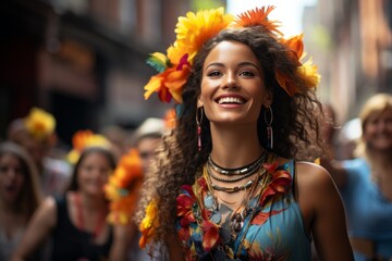 A happy woman wearing a flower crown smiles at a fun event