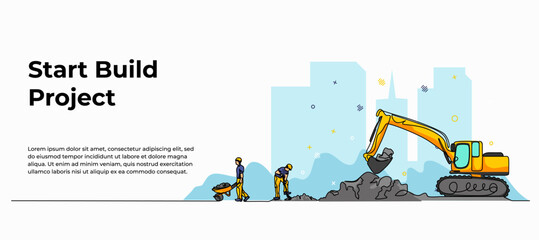 Vector illustration of excavator digs the ground. Modern flat in continuous line style.