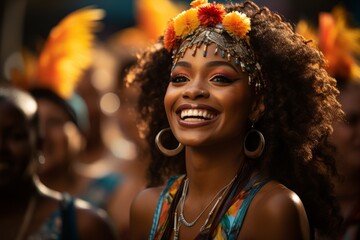 Black woman with cornrows and hoop earrings, smiling happily at carnival