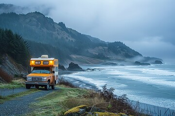 camping truck on scenic shoreline - obrazy, fototapety, plakaty