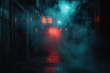 Dark street, night smog and smoke neon light. Dark background of the night city, ray of light in the dark. Gloomy dark background.