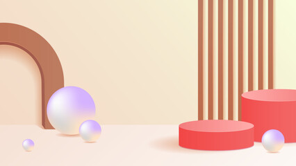 3d modern abstract geometric background for ecommerce. With red stage podium, brown arch, sphere and cream background.