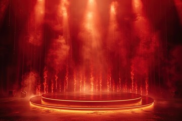 Empty red and gold burning festive stage with fire and light shines glow and smoke, background with copy space for award ceremony, jubilee or product presentations. - obrazy, fototapety, plakaty