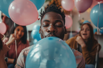 A man blowing up blue balloons at a birthday party with friends