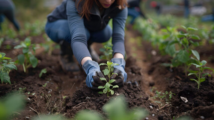 Close-up of people planting trees and working in a community garden.