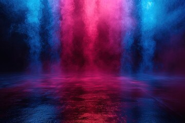 Empty show scene background. Reflection of a dark street on wet asphalt. Rays of red and blue neon...