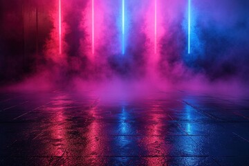 Empty show scene background. Reflection of a dark street on wet asphalt. Rays of red and blue neon light in the dark, neon shapes, smoke. Abstract dark background.