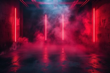 Fototapeta na wymiar Empty scene background. Dark background of empty room, neon red light, concrete floor, smoke