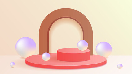 3d modern abstract geometric background for ecommerce. With red stage podium, brown arch, sphere and cream background.