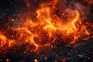 Fototapeta na wymiar Fire and ember overlay effect and smoke background. Grill hot flame with flying spark particle and ash in hell. Festive firestorm burnt particles vector panoramic nature texture with steam and coal.