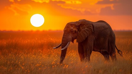 An elephant under the vast expanse of the setting sun, AI Generative