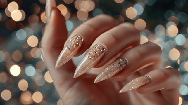 Beautiful manicure, beige French nails, rhinestones, model with fashion makeup, detailed hand and nail care, AI Generative