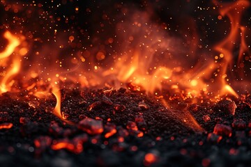 Fire and ember overlay effect and smoke background. Grill hot flame with flying spark particle and ash in hell. Festive firestorm burnt particles vector panoramic nature texture with steam and coal. - obrazy, fototapety, plakaty