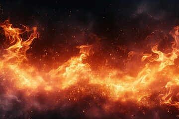 Fire and ember overlay effect and smoke background. Grill hot flame with flying spark particle and ash in hell. Festive firestorm burnt particles vector panoramic nature texture with steam and coal. - obrazy, fototapety, plakaty